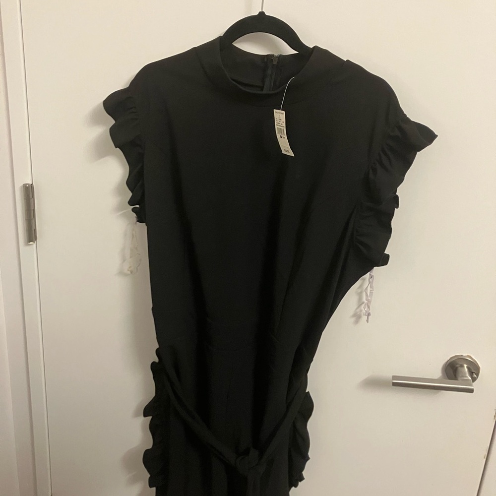 Ashley Stewart Black Ruffled Tie Front Sheath romper with RUFFLED SIDED ROMPER